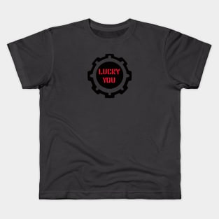 Red Lucky You Phrase in a Black Industrial Cog Kids T-Shirt